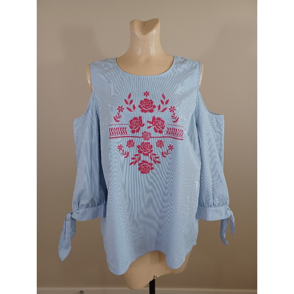 Vintage Excellent Lee Blue Stripe Red Floral Print Open Shoulder Blouse L